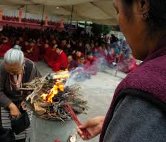 Tibetan Lady Burning Incense Elder Tibetan Woman Sur Offering Fire Puja Monks And Lay People Under The Overflow Tent Tharlam Monastery Courtyard Boudha K Tibetan Kathmandu Burning Incense