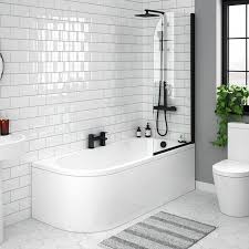 J Shaped Shower Bath 1700mm With Matt Black Screen Curved Panel Victorian Plumbing Uk In 2020 Shower Over Bath Small Bathroom Makeover Shower Bath