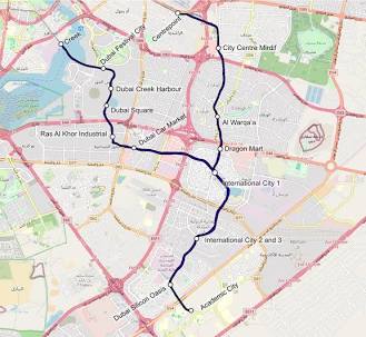 Dubai Metro Blue Line route alignment map, AI generated