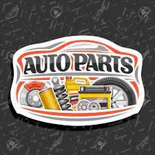 Auto company logo design concept with sports car silhouette. Vector Logo For Auto Parts Store White Decorative Signboard With Red Car Shape Lettering For Words Auto Parts Illustrations Of Brake System Air Filter Bottle Of Motor Oil On Abstract Background Royalty