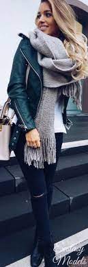 Cozy Green Leather Jacket Fashion Look By Luana Silva Pretty Winter Outfits Casual Scarf Outfit Scarf Casual
