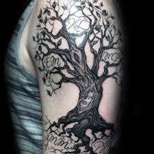 Gentleman With Carved Trunk Family Tree Upper Arm Tattoo Design Tree Tattoo Men Family Tree Tattoo Tree Sleeve Tattoo