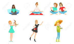 Techniques include writing down what you are grateful for, writing about how to manage stress, and playing mental games. Young Women Daily Routines Set Girls Working With Laptop Meditating Royalty Free Cliparts Vectors And Stock Illustration Image 131188902
