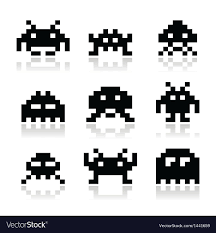 Vector Black Icons Set Of Pixelated Space Invaders Isolated On White Download A Free Preview Or High Quality Adobe Ill Icon Set Vector Icon Set Space Invaders
