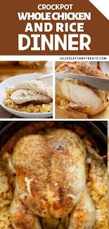 Whole Chicken And Rice In The Slow Cooker Flavored With Onions And Spices Chicken Crockpot Recipes Chicken Crockpot Recipes Easy Crockpot Whole Chicken Recipes