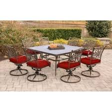 Hanover Traditions 9 Piece Aluminum Outdoor Dining Set With Square Glass Top Table And Swivel Chairs With Red Cushions Traddn9pcswsqg Red The Home Depot Patio Dining Set Outdoor Dining Set Outdoor Dining