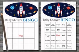 These free, printable baby shower games range from the classic baby shower games that everyone loves to some unique games that will really make the shower this saves you time and money so you can concentrate on the other aspects of the shower. Rocket Baby Shower Bingo Cards Space Baby Shower Bingo Game 217 By Sweetdesign