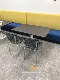 Office Breakroom Banquette Blue And Yellow Banquette Modern Office Work Area Patterned Chairs Corporate Office Blue Interior Patterned Chair Break Room