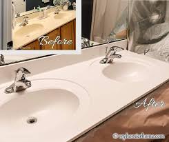 I explain how to paint a vanity and how to build a simple mirror frame to match. How To Easily Spray Paint Bathroom Countertops My Homier Home
