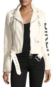 Off White Leather Biker Jacket With Graphic Leather Jackets Women Off White Jacket Distressed Denim Jacket