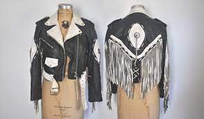 Fringe Motorcycle Biker Jacket Black White Leather Skinny Etsy Jackets Biker Jacket White Leather