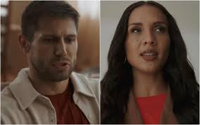 Homem e mulher em close-up, em cenas separadas. O homem tem barba e veste camisa clara. A mulher tem cabelos escuros e usa r…