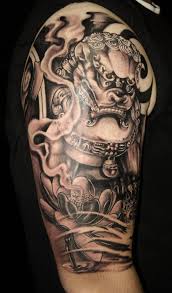 Black And Grey Dog Tattoo Black Grey Half Sleeve Tattoo Tattoos Foo Dog Tattoo Design Chinese Sleeve Tattoos