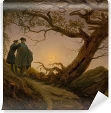 The painting shows, as the title suggests, two men, seen from behind, contemplating a scenery featuring the moon at twilight. Caspar David Friedrich Two Men Contemplating The Moon Wall Mural Pixers We Live To Change