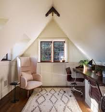 Cozy Attic Office With Blush Wing Back Chair And Tribal Patterned Rug Jessica Helgerson Interior Design Attic Renovation Attic Rooms Attic Design
