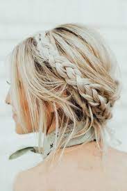 Bohemian Wedding Hairstyles Messy Blonde Thin Hair Updo With Braided Crown Hairandmakeupbysteph Wed Short Hair Updo Easy Updos For Long Hair Short Hair Styles