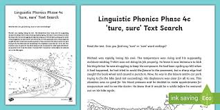Phonics worksheets and online activities. Linguistic Phonics Phase 4c Ture Sure Text Search Worksheet
