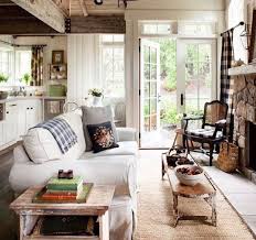 Cozy Small Space Area In A Cottage With Soft Sofa Facing Stone Fireplace Efficient Kitchen Area And G Cottage Living Rooms Cottage Living Country House Decor