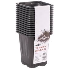 Planters, containers, gardening pots, nursery pots, biodegradable pots, saucers. Wilko Black Square Plastic Plant Pot 7cm 15 Pack Wilko