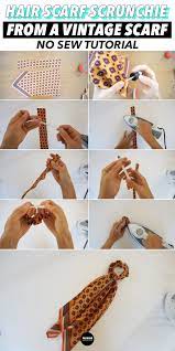 This Simple Step By Step Stitch No Scarves From A Vintage Scarf Without Scarf Scarves Simple S Diy Fashion No Sew Diy Hair Accessories Scrunchies Diy
