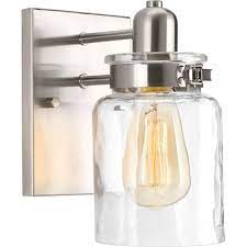 Bronze, glass, nickel, metal, stainless steel. Progress Lighting Calhoun Collection 1 Light Brushed Nickel Clear Glass Farmhouse Bath Vanity Light P300045 009 The Home Depot Progress Lighting Bathroom Sconces Industrial Sconce