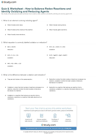 Quiz Worksheet How To Balance Redox Reactions And Identify Redox Reactions Chemistry Worksheets Worksheets