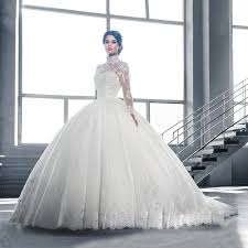 2016 Romantic White Ivory High Neck Lace Wedding Dresses With Long Sleeves Ball Gown W Wedding Dresses Lace Ballgown Ball Gowns Wedding Ball Gown Wedding Dress