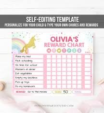 editable unicorn reward chart for girls unicorn chore chart for kids routine chart pink purple rainbow gold printable corjl template 0041