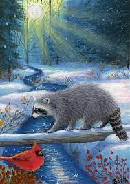 Raccoon Cardinal Bird Winter Stream Sunlight Wildlife Original Aceo Painting Art Realism Painting Raccoon Art Animals Artwork