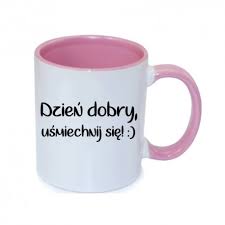 Porcelanowy kubek z grafiką zapakowany w ozdobny kartonik. Kubek Rozowy Ceramiczny Dzien Dobry Usmiechnij Sie Swag Shop Online Sklep Internetowy Z Odzieza Bizuteria I Dodatkami