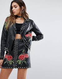 Missguided Leather Look Biker Jacket With Studs And Rose Embroidery Fashion Studded Faux Leather Jacket Leather Jackets Women