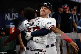 Freddie Freeman Of The Atlanta Braves Celebrates With Ronald Acuna Atlanta Braves Braves Baseball Braves