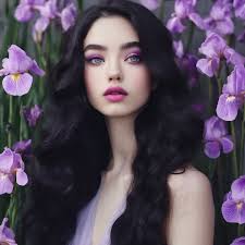 Photograph of girl with black wavy long hair, white skin, Big siren eyes  with purple iris, light pink heart shape lips, small pointed nose