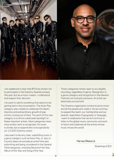 K-pop - Grammy CEO Harvey Mason Jr. responds to BTS' decision to not submit  their music for the 2027 awards, following the introduction of an  Asian-focused category: ‎ ‎He clarified that the
