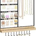 Organizador de joyas colgante, soporte para aretes de pared de 5 niveles  con ranura para anillos de madera, estante de joyería montado en la pared  ...