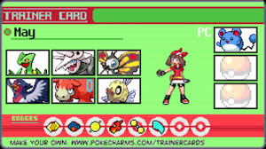 Like in pokemon ruby and sapphire, selecting your name on the start menu brings up your trainer card, a unique identifier listing your name, trainer id number, and achievements in the game. May S Trainer Card Pokemon Ruby Youtube