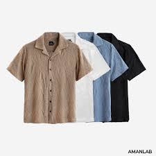 Áo sơ mi nam ngắn tay, chất vải cotton dệt hoa văn nổi, form regular, WAVY