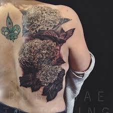 Ruby Jae On Instagram Black Gray Hydrangea Tattoo Done Some Healed And Some Obviously Fresh This Was Super Fun And Hydrangea Tattoo Tattoos Black Tattoos