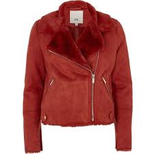 River Island Red Faux Shearling Biker Jacket 495 Pln Liked On Polyvore Featuring Outerwea Faux Shearling Jacket Coats Jackets Women Faux Suede Biker Jacket