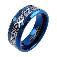 Beautiful Blue Tungsten Ring With Silver Celtic Dragon On Cobalt Blue Inlay Black Tungsten Rings Blue Tungsten Ring Blue Wedding Rings