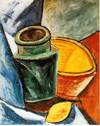 Wir sehen darin nur ein mittel, das auszudrücken, was wir mit dem auge stillleben mit rohrstuhlgeflecht, pablo picasso, 1912. Reproduktionsgemalde Von Picasso Stillleben Mit Zitronen