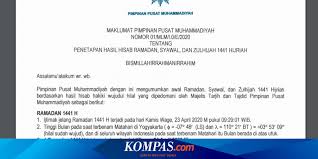 Ketetapan itu diumumkan berdasarkan maklumat nomor 01/mlm/i./e/2021 tentang penetapan hasil hisab ramadhan, syawal, dan zulhijah 1442. Muhammadiyah Tetapkan Awal Puasa 24 April Dan Idul Fitri 24 Mei 2020 Halaman All Kompas Com