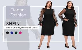 My only issue is using non plus size models some. Amazon Com Shein Women S Plus Size Elegant Mesh Contrast Pearl Beading Sleeve Stretchy Bodycon Pencil Dress Clothing