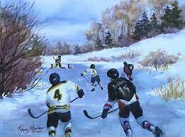 Poppy Balser Work Zoom Pond Hockey Pond Painting Vintage Illustration Art Hockey Pictures