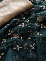 Bottle Green Organza Saree With Golden Blouse Organza Saree Golden Blouse Green Blouse Designs