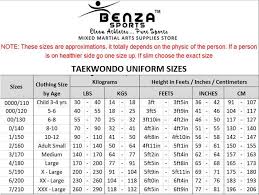 Taekwondo Student Uniform Size Chart Martial Arts Supplies