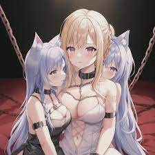3girls ai generated animal ears bed bedroom benmccannon (artist)  blonde hair blue hair bondage bondage collar hiding purple eyes slave 