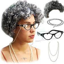 Amazon Com Vibe Old Lady Wig Cosplay Set Gray Hair Granny Wig With Pearl Necklace Glasses Glass Chain Accessor Womens Wigs Granny Wig Baby Old Lady Costume
