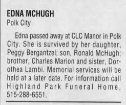 Obituary for EDNA MCHUGH