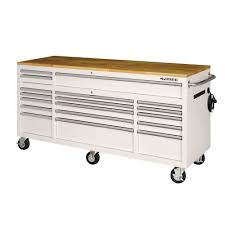 Husky 72 In 18 Drawer Mobile Workbench With Solid Wood Top In Gloss White Hotc7218bj1m The Home Depot In 2020 Mobile Workbench Workbench Tool Box On Wheels